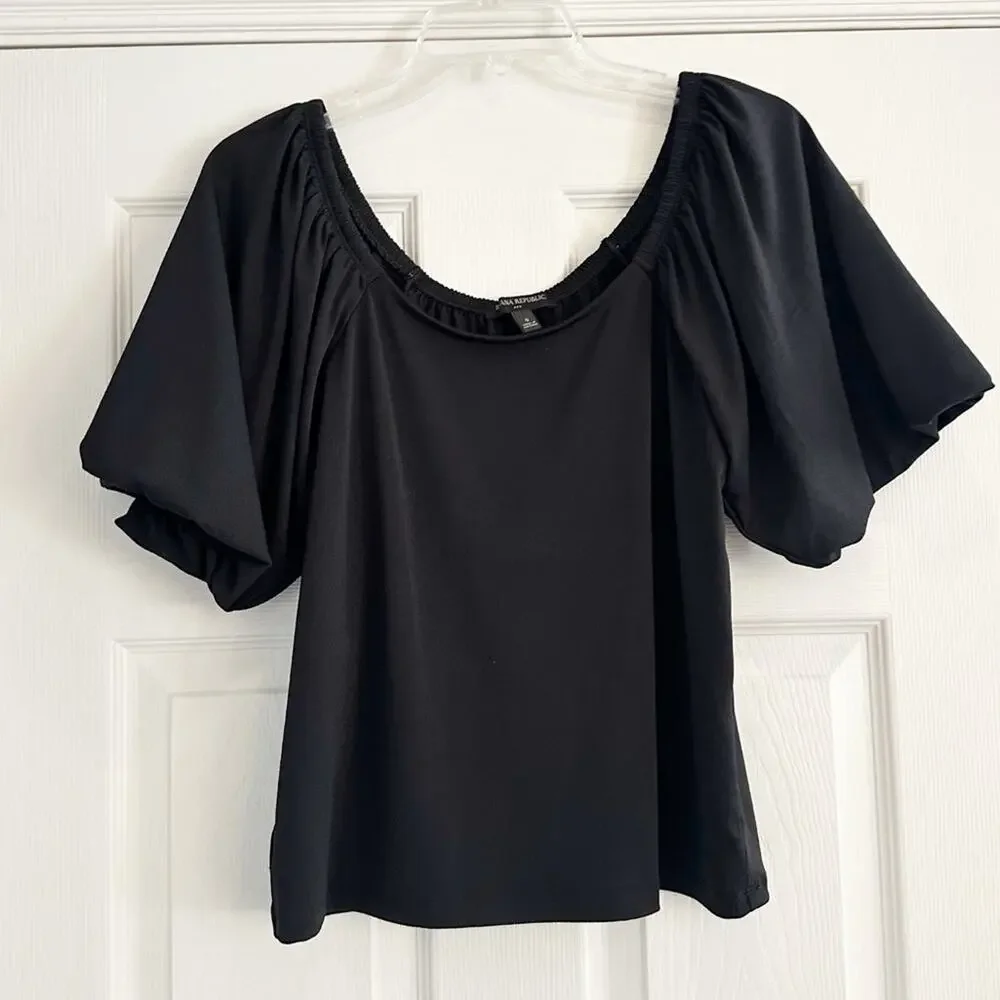 Banana Republic SS Crepe Puff Short Sleeve Top Blouse Black Shirt 2022 Small